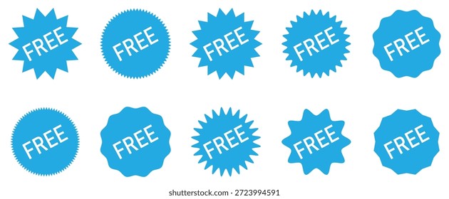Conjunto de Formas libres azules y starburst insignia con texto. Ideal para promociones, ofertas gratuitas, descuentos, Anuncios de venta, materiales de marketing, publicidad, branding, packaging y Web.