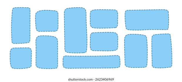 Conjunto de retângulos azuis à mão livre, quadrados com bordas tracejadas no plano de fundo branco. Quadros desenhados à mão, formas de rabiscar, elementos de caixa de texto.