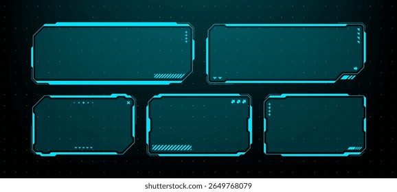 Set of blue futuristic HUD interface frames. Digital dashboard display design element. Concept for virtual screen, data visualization.