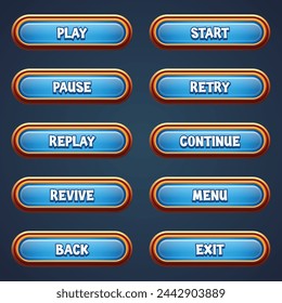 Conjunto de botones de juego azul para juegos móviles con gui de efecto de texto editable para construir juegos 2d