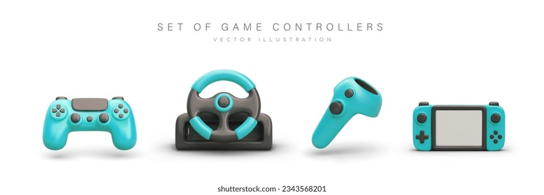 Set of blue game controllers. Realistic image of gamepad, console, steering wheel. Joystick icons. Isolated vector illustration with shadows on white background. Concept of modern gaming devices