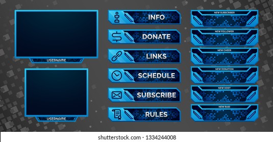 Set of blue gaming panels and overlays for cybersport streamers. Alerts and buttons. Twitch facecam, 16:9 and 4:3 screen resolution. Eps10 vector