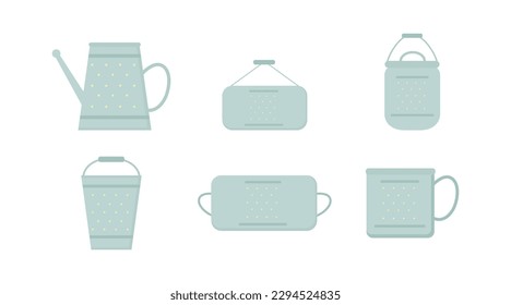 A set of blue garden containers, a watering can, a can, a bucket, a mug, a box, a basin. Country, garden decor, inventory, agricultural items. Flat vector on white background eps 10.