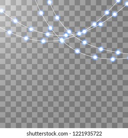 Set of blue garlands, festive decorations. Glowing christmas lights isolated on transparent background. Blue lights