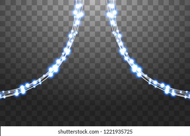 Set of blue garlands, festive decorations. Glowing christmas lights isolated on transparent background. Blue lights