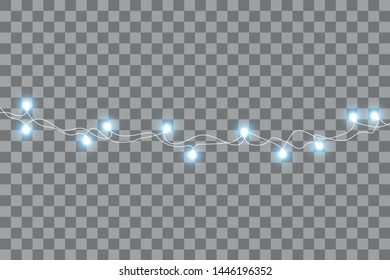 Set of blue garlands, festive decorations. Glowing christmas lights isolated on transparent background.