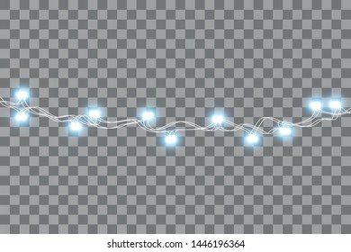 Set of blue garlands, festive decorations. Glowing christmas lights isolated on transparent background.