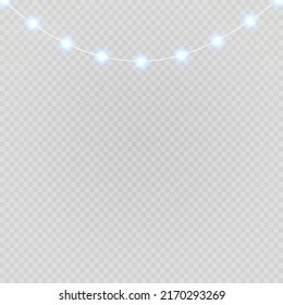 Set of blue garlands, festive decorations. Glowing christmas lights isolated on transparent background. Blue lights
