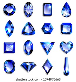 Set of blue gemstones of various shapes. Jewels on white background. Vector illustration.