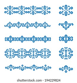 A set of blue geometric designs and borders isolated on white background. Vector illustration. 