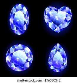 Set of blue geometric icons, red diamonds isolated on black, design elements