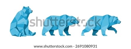 Set of blue geometric polar bears in different poses, origami style - vector illustration	