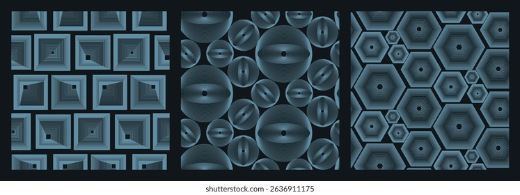 A set of blue geometric vector patterns composed of concentric squares, spheres, and hexagons with optical illusions. Cleanly aligned line art on black background suitable for futuristic projects.