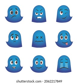 A set of blue ghost pictures with different emotions: anger, bewilderment, crying, coquettish and others. Emoticons for apps. 
Cartoon funny pictures for chat
