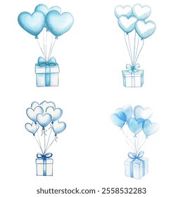 Set blue gift with balloons for Valentine's day element