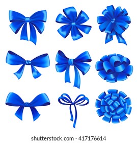 Set of blue gift bows with ribbons. Vector illustration. 