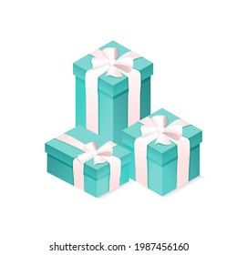 Set of blue gift boxes with bow and ribbon on white isolated background. Realistic 3D gift for New Year, Christmas, Birthday, Valentines Day, holiday, party. Vector illustration.