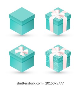 Conjunto de cajas azules de regalo con puntos de polka, con arco, cinta sobre fondo blanco aislado. Regalo 3D realista para Año Nuevo, Navidad, Cumpleaños, San Valentín, fiestas, fiestas. Ilustración vectorial.