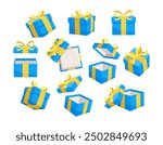 Set of blue gift boxes with yellow ribbons are floating and rotating, some of them are open and empty while others are closed