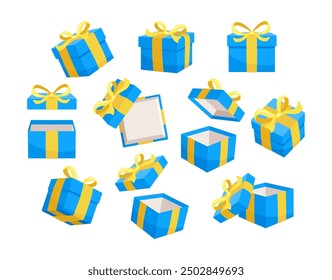 Set of blue gift boxes with yellow ribbons are floating and rotating, some of them are open and empty while others are closed