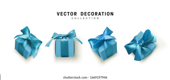 Set of blue gifts box. Collection realistic gift presents view top, side perspective view. Celebration decoration objects. Isolated on white background. vector illustration