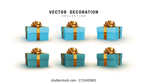 Set of blue gifts box. Collection realistic gift presents. Surprise boxes. Celebration decoration objects. Isolated on white background. vector illustration