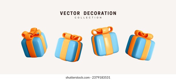 Set of blue gifts box realistic 3d cartoon style. Holiday decoration presents. Festive gift surprise. Decor Isolated boxes. Vector illustration