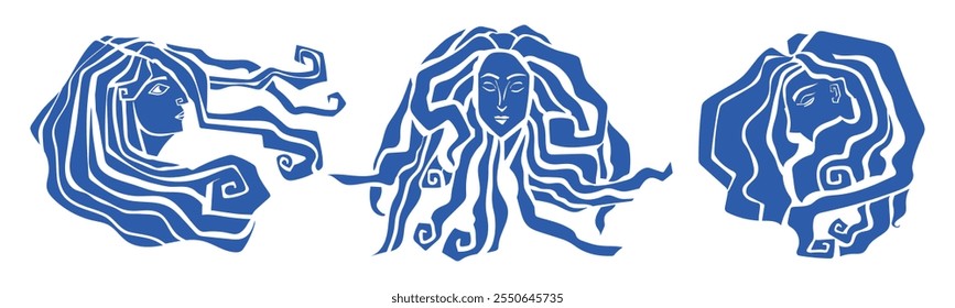 Set of blue girl with long curly hair silhouette. Element for beauty, packaging, sea, water and more, creative abstract art