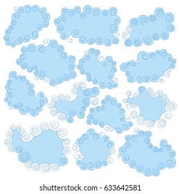 Set of blue glamor speech clouds with curls and waves.