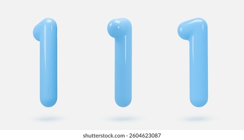 Set blue glass icon, 3d render number 1, one sign. Realistic design element. Vector illustration isolated on white for postcard, icons, poster, banner, web, design, arts