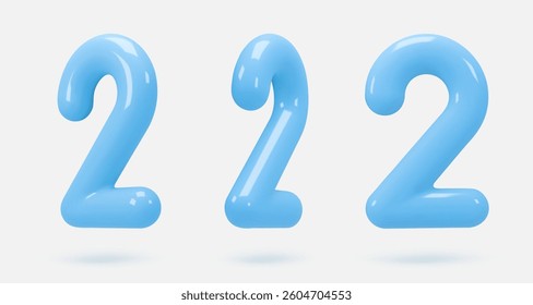 Set blue glass icon, 3d render number 2, two sign. Realistic design element. Vector illustration isolated on white for postcard, icons, poster, banner, web, design, arts