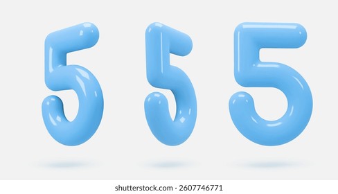 Set blue glass icon, 3d render number 5, five sign. Realistic design element. Vector illustration isolated on white for postcard, icons, poster, banner, web, design, arts