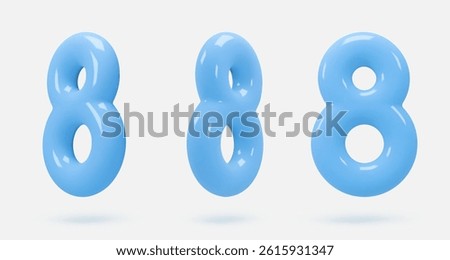 Set blue glass icon, 3d render number 8, eight sign. Realistic design element. Vector illustration isolated on white for postcard, icons, poster, banner, web, design, arts