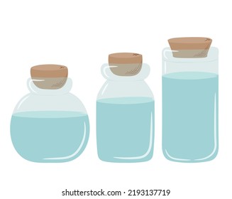 A set of blue glass jars with liquid inside. The jar is closed with a cork hand drawn in doodle style. Isolated vector illustration.