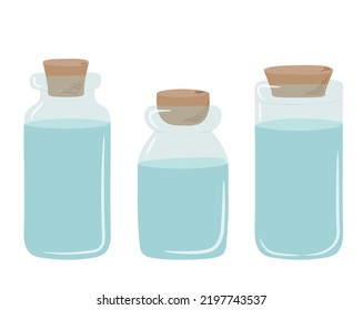 A set of blue glass jars with liquid inside. The jar is closed with a cork hand drawn in doodle style. Isolated vector illustration.