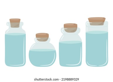 A set of blue glass jars with liquid inside. The jar is closed with a cork hand drawn in doodle style. Isolated vector illustration.