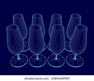 A set of blue glasses are shown in a blue background. The glasses are all the same shape and size, and they are arranged in a row. Concept of uniformity and order