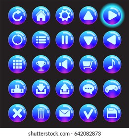 Set of blue glassy buttons for game interfaces. Vector GUI elements for mobile app or PC games. Isolated on white background