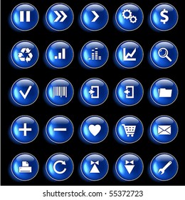 Set of blue glossy buttons for web design on black background
