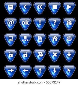 Set of blue glossy buttons for web design on black background