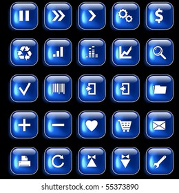 Set of blue glossy buttons for web design on black background