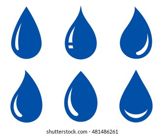 set of blue glossy water drops on white background. 