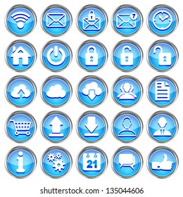 Set of blue glossy web icons on a white background