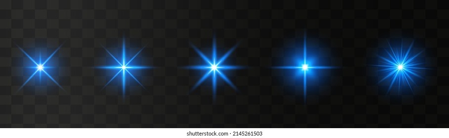 Set of blue glowing light stars on a transparent background. Transparent shining sun, star explodes and bright flash. Abstract bright illustration starburst. 