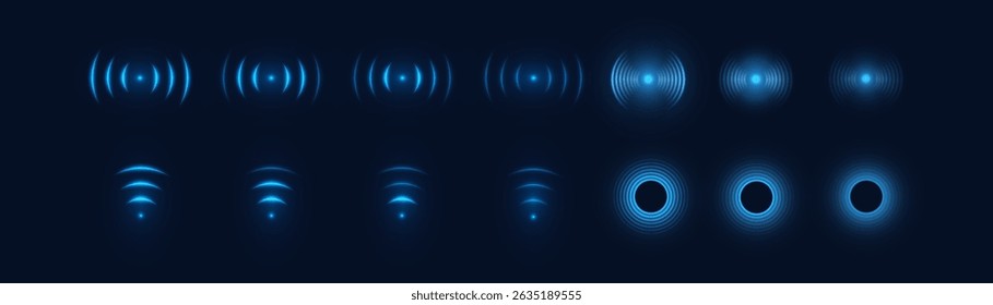Set of blue glowing radar pulses and signal waves in futuristic HUD style. Ideal for wireless icons, sonar, sci-fi interfaces, communication tech, or scanning effects.

