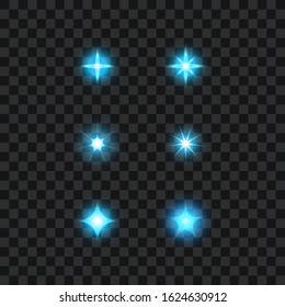 Set of blue glowy stars, isolated on transparent background, vector illustration.