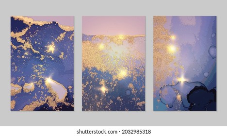 Set of blue and gold abstract marble texture backgrounds. Luxury wallpaper with paint splashes and color waves. Modern liquid art illustration for poster, flyer, brochure design with shining glitter.