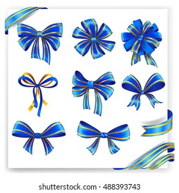 Set of blue and gold gift bows with ribbons. Vector illustration. 