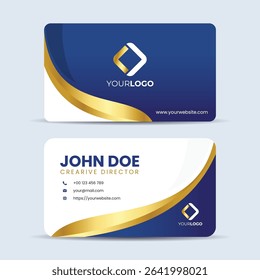 Set of blue gold modern business card print templates. Name card or personal card with flowing luxury element. Stationery design with simple modern luxury elegant background