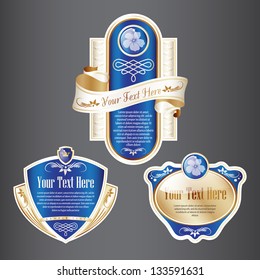 Set of Blue and Gold ornate label. Grouped for easy editing. Perfect for labels or stickers for wine, beer, champagne, cognac, cologne and etc.